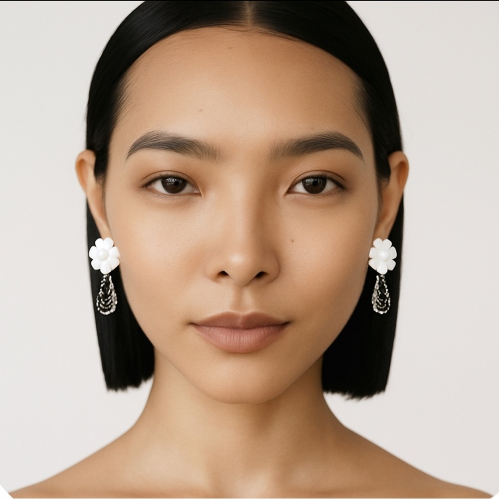 Black Tear Drop Flower Jewel Earrings